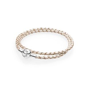 Pandora White and Brown Double-Leather Wrap-around Bracelet 16"